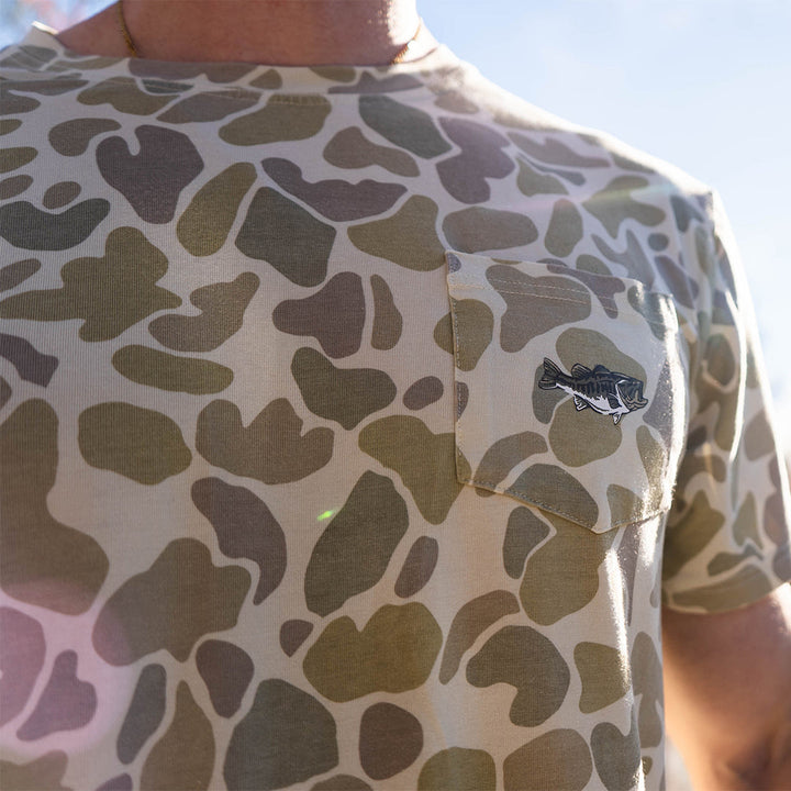 Sportsman Gear Pursuit bamboo performance T-shirt with front pocket, lightweight and breathable bamboo fabric in small and large sizes.