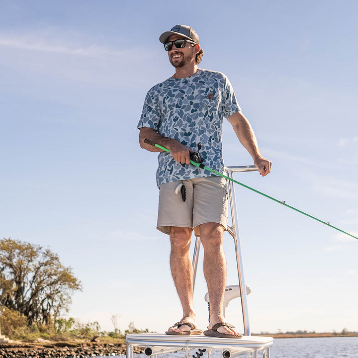 Sportsman Gear bamboo T-shirt with a front pocket, designed for performance and comfort, featuring a Pursuit Bamboo Pocket style.