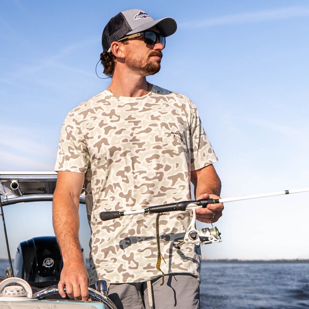 Sportsman Gear Pursuit bamboo pocket performance T-shirt, small to large sizes, showing front view with pocket detail.