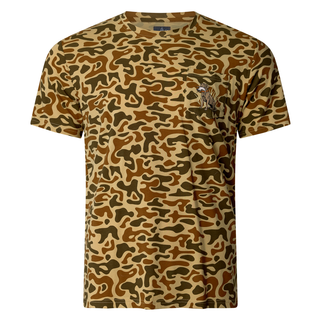 Sportsman Gear Pursuit bamboo pocket performance T-shirt in small and large sizes, showcasing its comfortable fit and bamboo fabric.