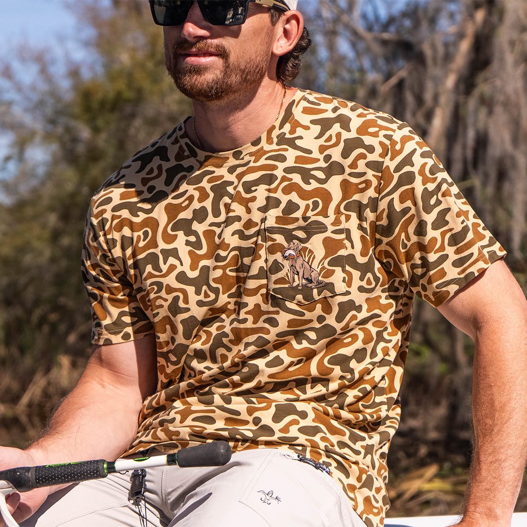 Sportsman Gear Pursuit Bamboo Pocket Performance T-shirt in small and large sizes, made from sustainable bamboo fabric.