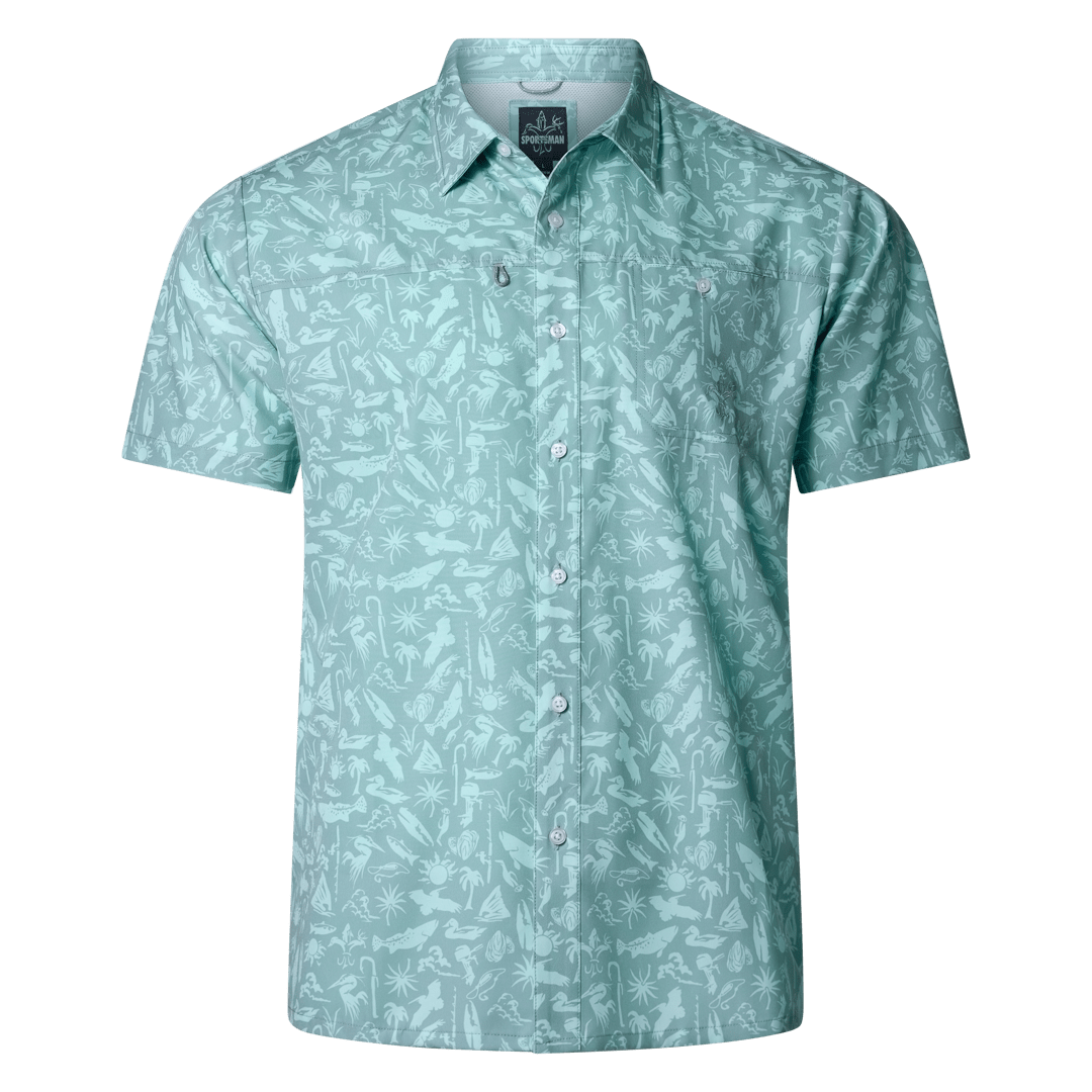 Old-school Sportsman Gear Fly Shirt showing a casual button-up with a classic fly pattern and short sleeves.