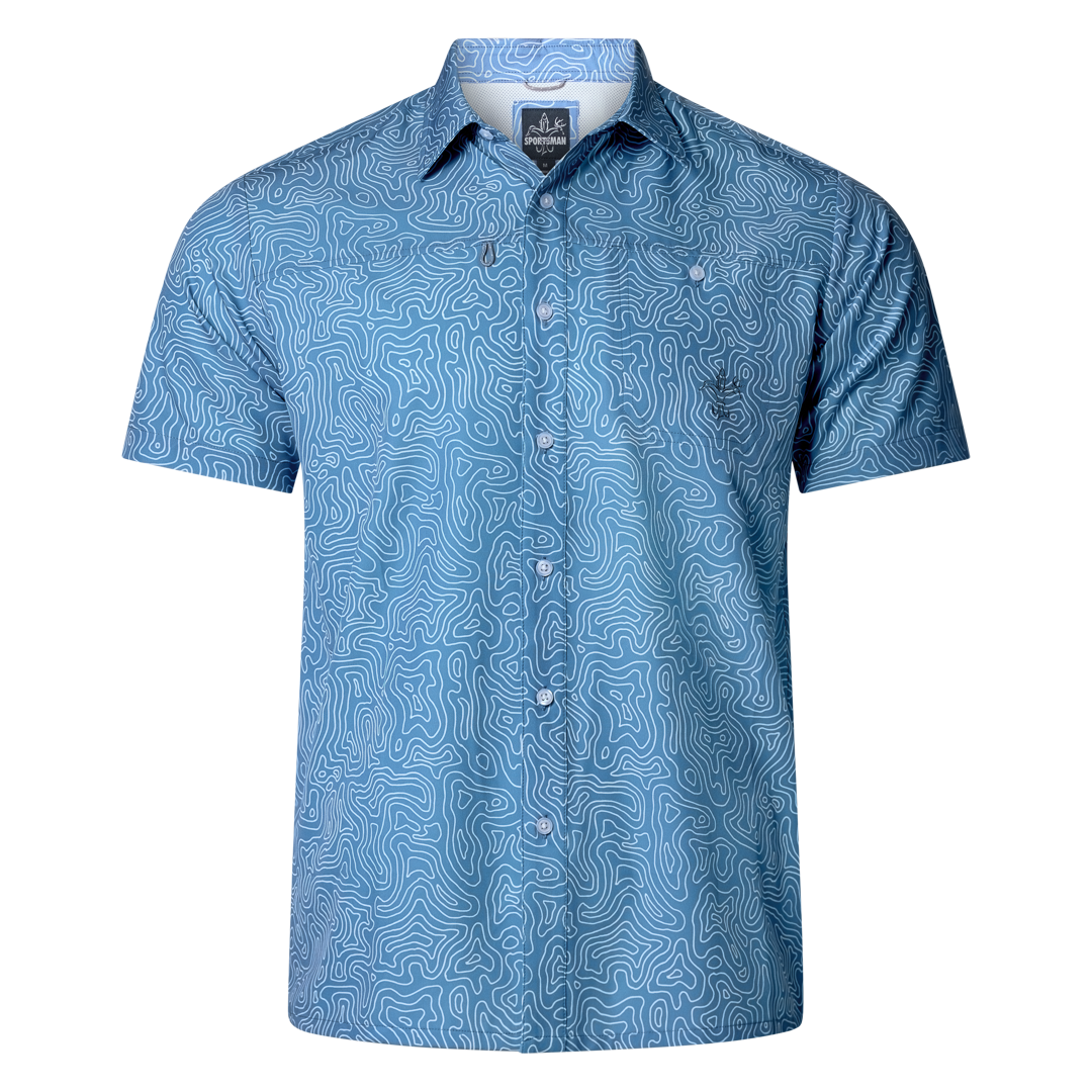 Old-school Fly Shirt by Sportsman Gear, featuring a classic design with button-up front and short sleeves, casual outdoor style.