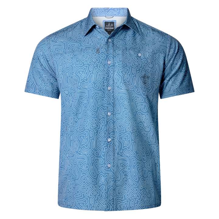 Old-school Fly Shirt by Sportsman Gear, featuring a classic design with button-up front and short sleeves, casual outdoor style.