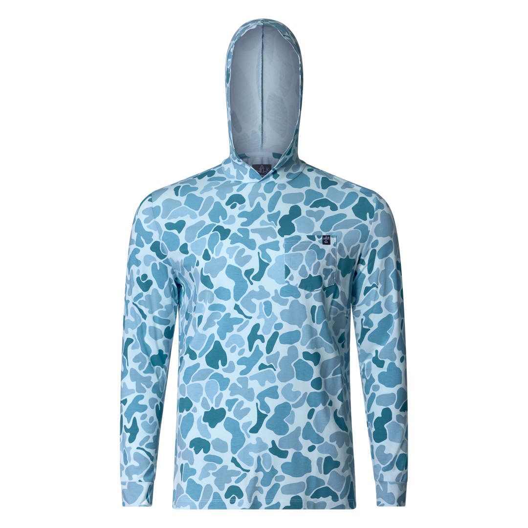 Sportsman Gear Bamboo and Pima Sun Protection Performance Hoodie, close-up showing breathable fabric and sporty design.