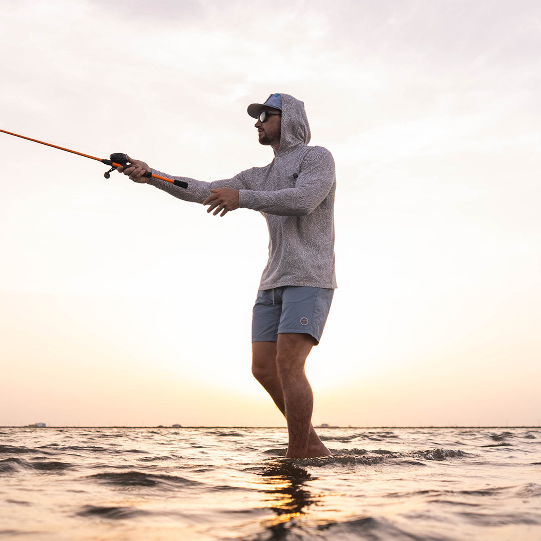 Gray Sportsman Bayou Fishing Shorts for men, lined 6-inch board shorts designed for fishing and outdoor activities.