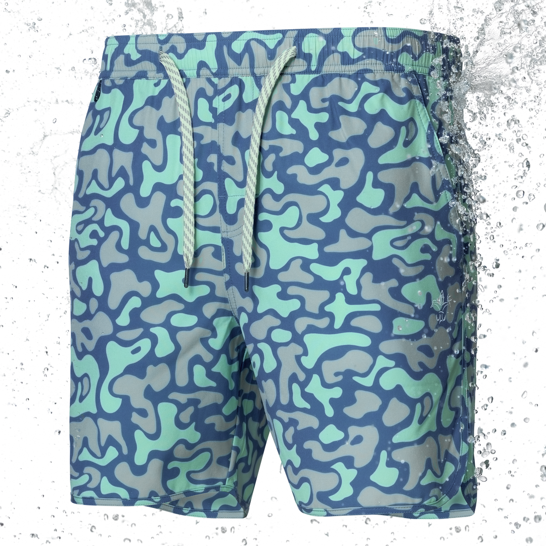 Sportsman Gear men's fishing shorts in infinity camo, lightweight board shorts with a durable design for outdoor activities.