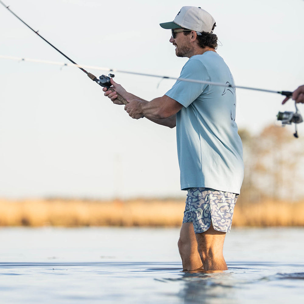 Sportsman Gear men's fishing shorts with infinity camo pattern, lightweight board shorts for outdoor activities and casual wear.
