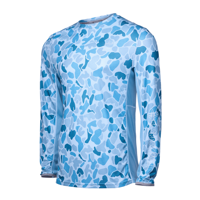 Sportsman Gear Cool Breeze Pro 2.0 performance fishing shirt in glacier camo, short-sleeve, lightweight and breathable for outdoor fishing.