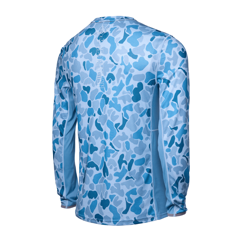 Sportsman Gear Cool Breeze Pro 2.0 performance fishing shirt in glacier camo, showing lightweight fabric and short sleeves.