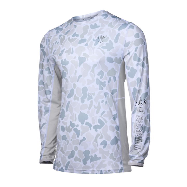 Sportsman Gear Cool Breeze Pro 2.0 performance fishing shirt in glacier camo, short-sleeve, lightweight and breathable for outdoor fishing.