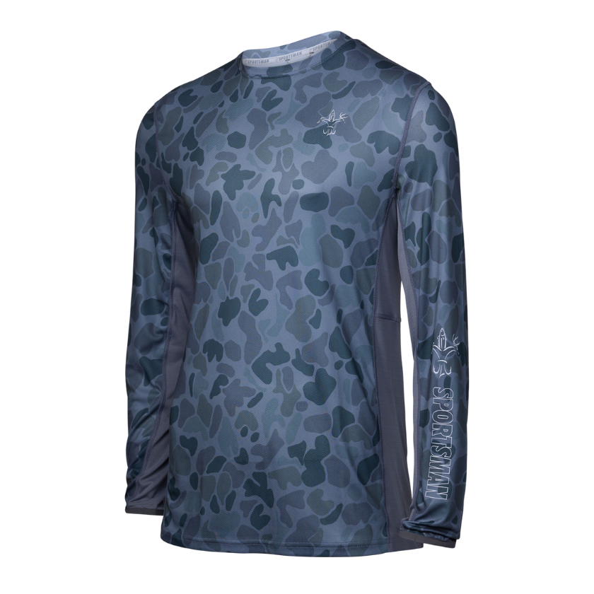 Small Cool Breeze Pro 2.0 Performance Fishing Shirt by Sportsman Gear in glacier camo, designed for outdoor fishing activities.