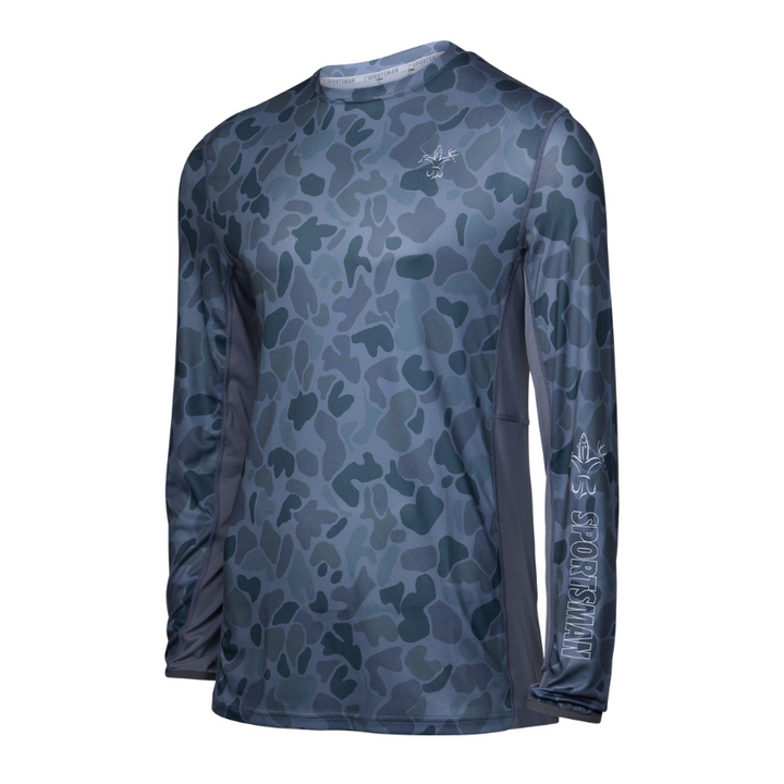 Small Cool Breeze Pro 2.0 Performance Fishing Shirt by Sportsman Gear in glacier camo, designed for outdoor fishing activities.