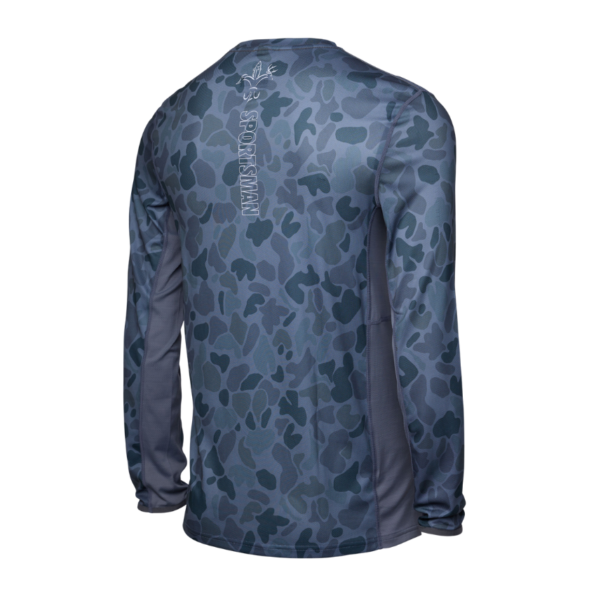 Sportsman Gear Cool Breeze Pro 2.0 performance fishing shirt in glacier camo, lightweight and breathable for outdoor fishing.