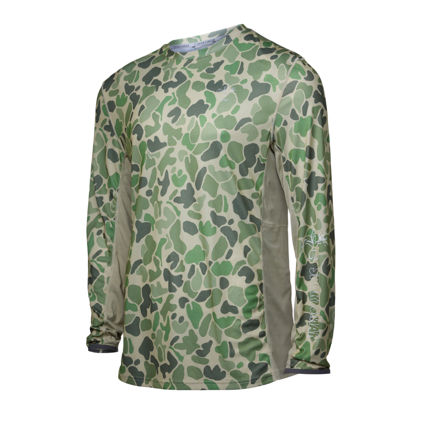 Sportsman Gear Cool Breeze Pro 2.0 fishing shirt with glacier camo pattern, lightweight and breathable for outdoor fishing.