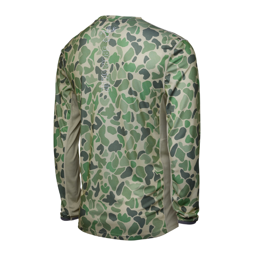 Sportsman Gear Cool Breeze Pro 2.0 performance fishing shirt in glacier camo, lightweight and breathable for outdoor fishing.