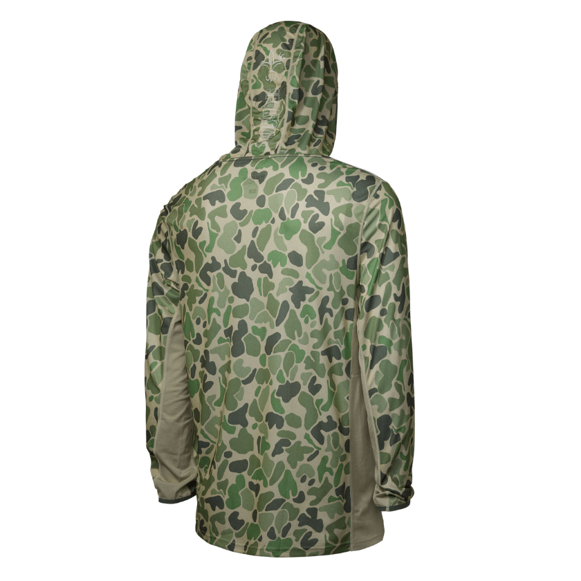 Sportsman Gear Cool Breeze 2.0 performance fishing hoodie in wave blue camo, lightweight shirt with breathable fabric for outdoor fishing.