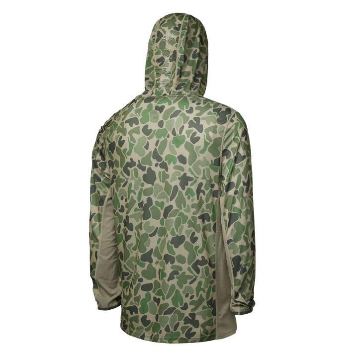 Sportsman Gear Cool Breeze 2.0 performance fishing hoodie in wave blue camo, lightweight shirt with breathable fabric for outdoor fishing.