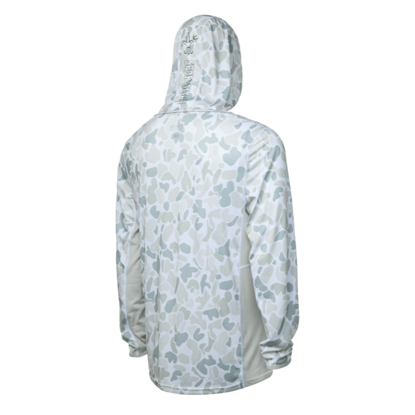Sportsman Gear Cool Breeze 2.0 performance fishing hoodie in wave blue camo, lightweight shirt with water-resistant fabric.
