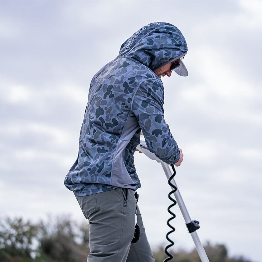 Blue camo Sportsman Gear Cool Breeze 2.0 performance fishing hoodie, short-sleeve shirt with breathable fabric.