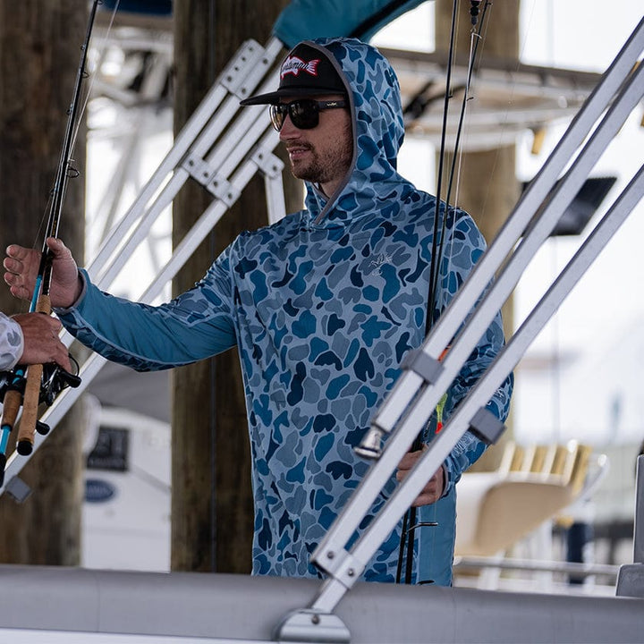 Small wave blue camo Sportsman Gear Cool Breeze 2.0 performance fishing hoodie, lightweight and moisture-wicking shirt for anglers.