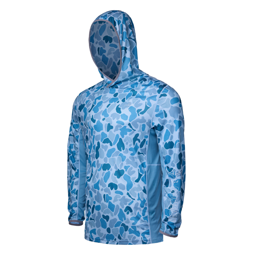 Sportsman Gear Cool Breeze 2.0 performance fishing hoodie in wave blue camo, lightweight shirt designed for outdoor fishing.