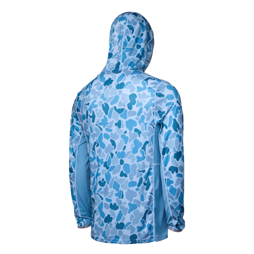 Sportsman Gear Cool Breeze 2.0 performance fishing hoodie in wave blue camo, lightweight shirt with moisture-wicking fabric.
