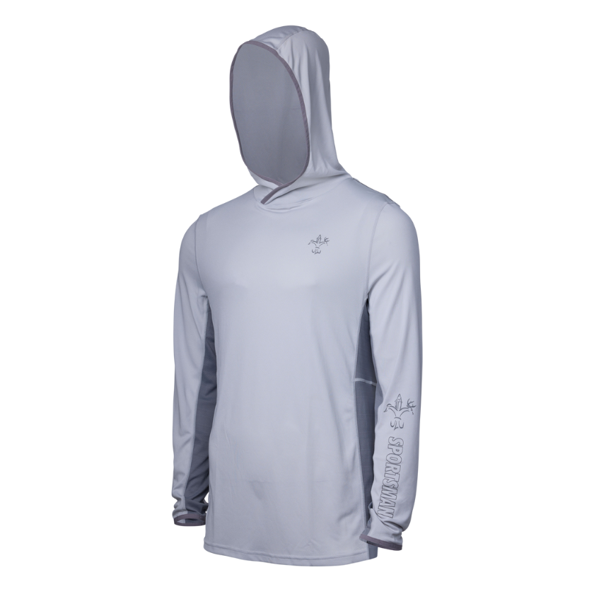 Sportsman Gear Cool Breeze 2.0 Performance fishing hoodie in wave blue camo, showing the lightweight shirt with hood and long sleeves.