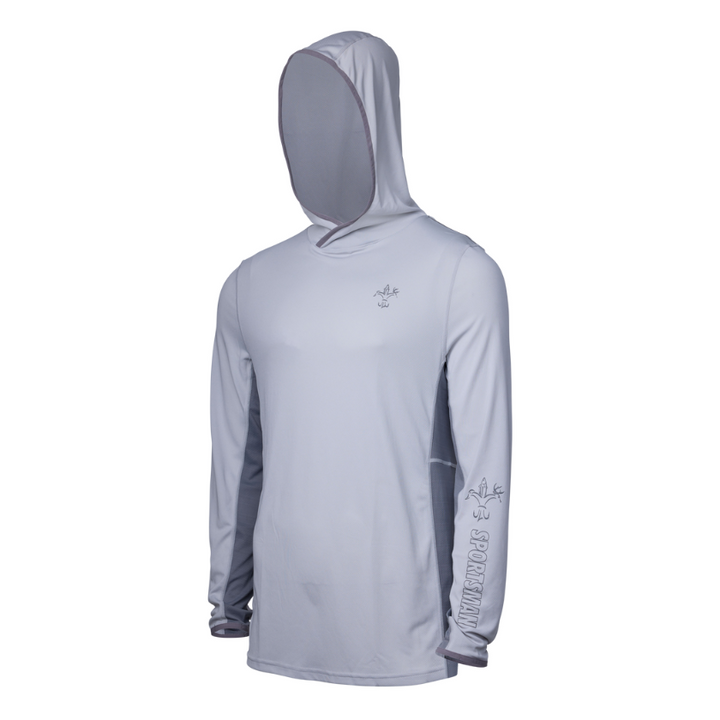 Sportsman Gear Cool Breeze 2.0 Performance fishing hoodie in wave blue camo, showing the lightweight shirt with hood and long sleeves.