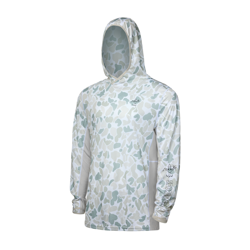 Sportsman Gear Cool Breeze 2.0 Performance Fishing Hoodie in wave blue camo, lightweight shirt designed for anglers.