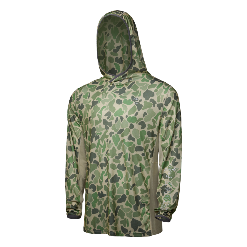 Sportsman Gear Cool Breeze 2.0 performance fishing hoodie in wave blue camo, lightweight shirt with moisture-wicking fabric.