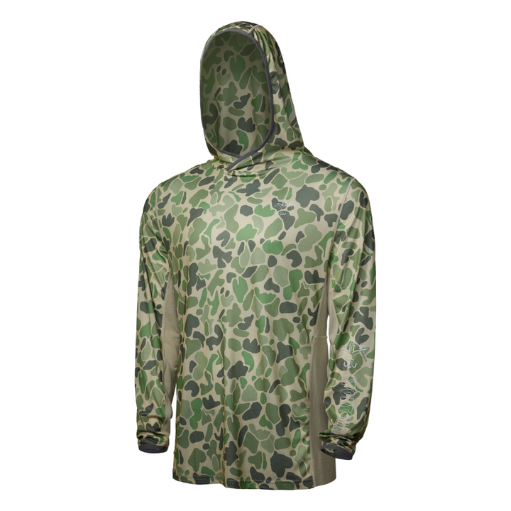 Sportsman Gear Cool Breeze 2.0 performance fishing hoodie in wave blue camo, lightweight shirt with moisture-wicking fabric.
