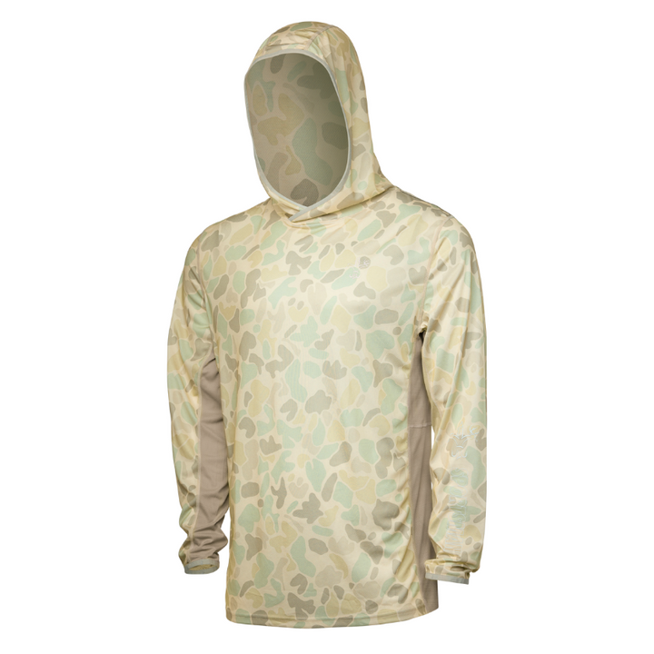 Small wave blue camo fishing hoodie from Sportsman Gear's Cool Breeze 2.0 Performance Shirts line, shown in close-up.