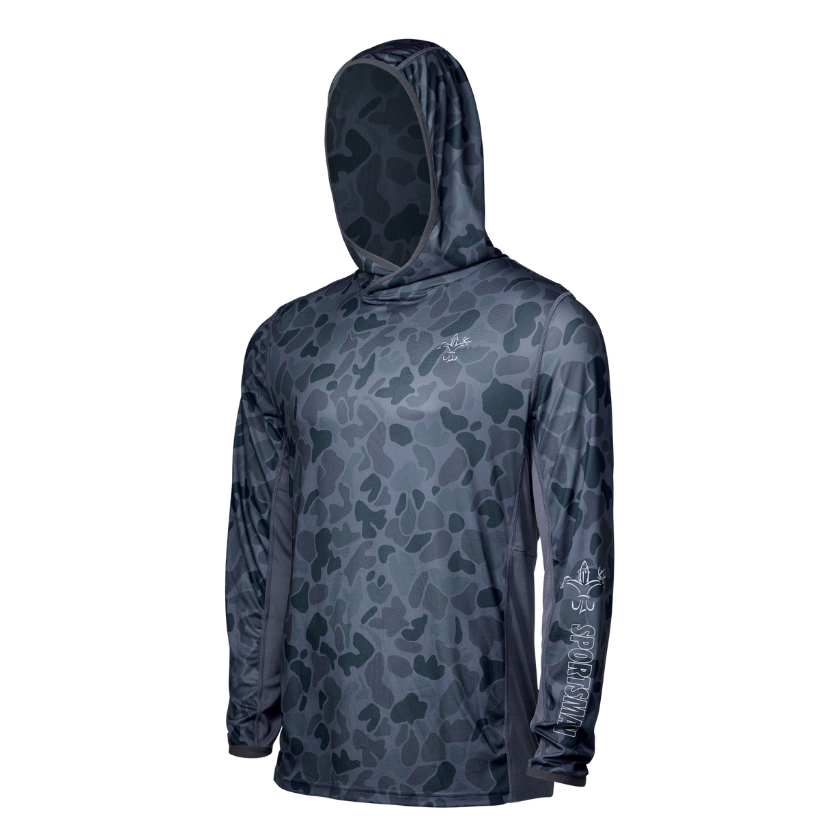 Sportsman Gear Cool Breeze 2.0 performance fishing hoodie in wave blue camo, lightweight shirt designed for outdoor fishing.
