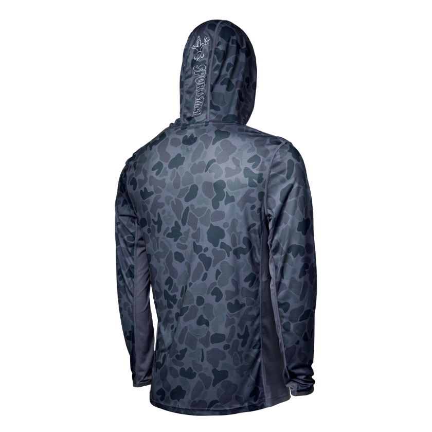 Sportsman Gear Cool Breeze 2.0 performance fishing hoodie in wave blue camo, lightweight shirt designed for outdoor fishing.