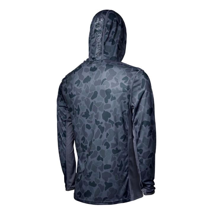 Sportsman Gear Cool Breeze 2.0 performance fishing hoodie in wave blue camo, lightweight shirt designed for outdoor fishing.