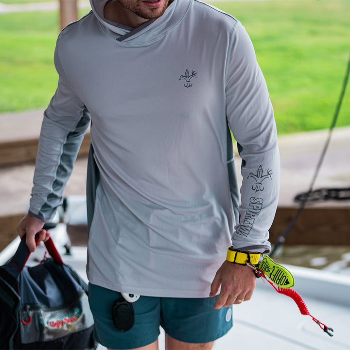 Sportsman Gear Cool Breeze 2.0 performance fishing hoodie in wave blue camo, displaying the lightweight, breathable shirt design.
