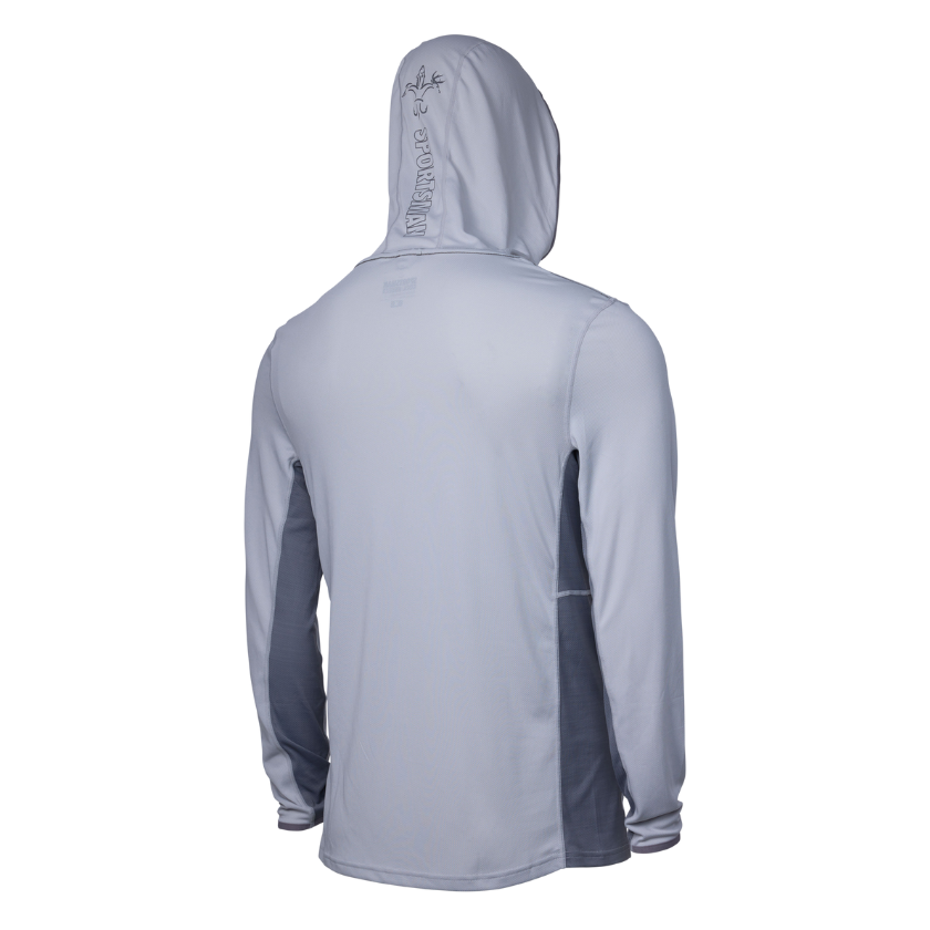 Sportsman Gear Cool Breeze 2.0 performance fishing hoodie in wave blue camo, shown as a lightweight, comfortable fishing shirt.