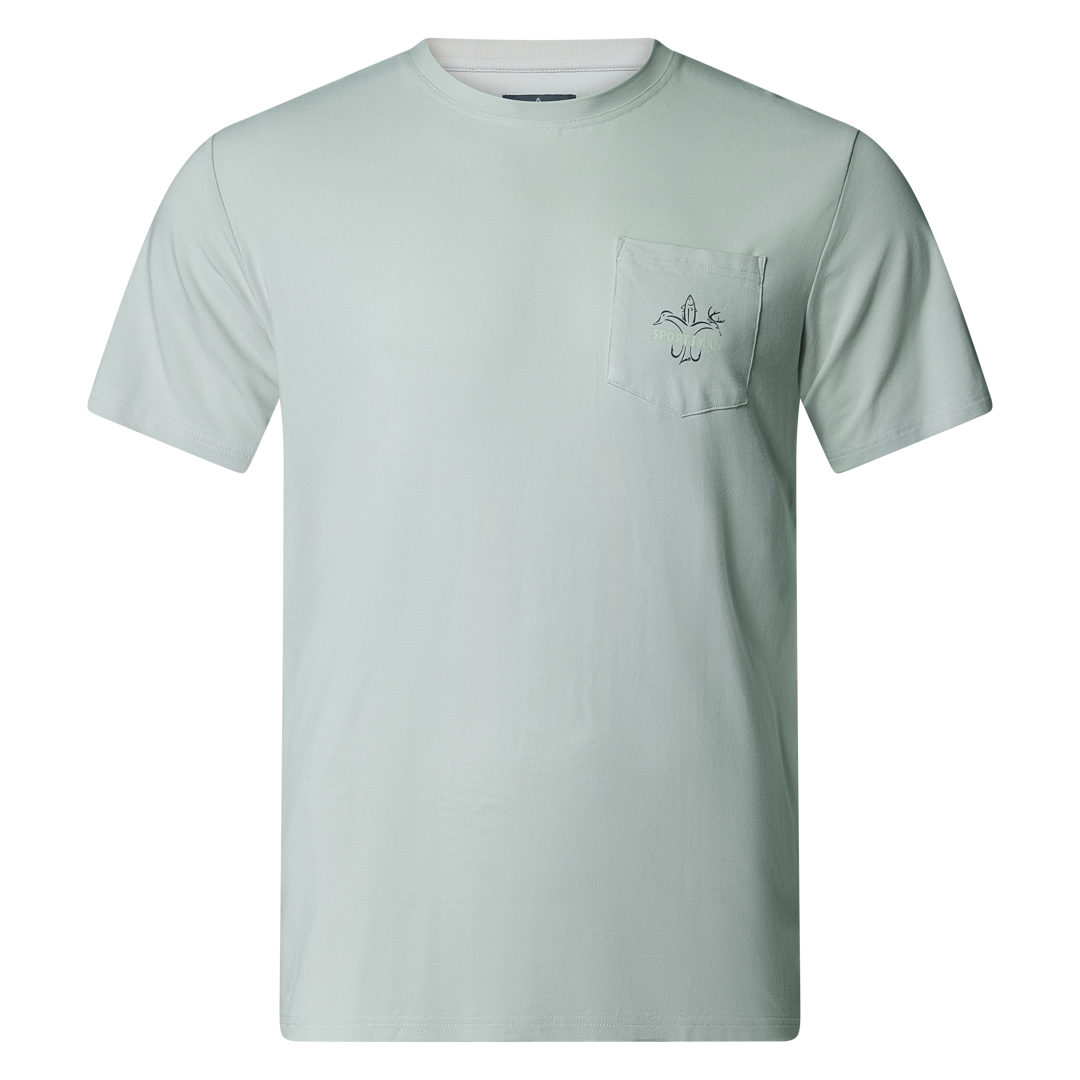 Sportsman Gear Bamboo Pocket T-Shirt, small size, lightweight performance fabric, with chest pocket, navy color.