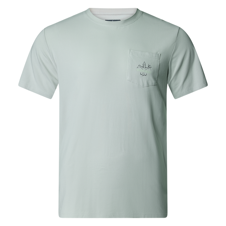 Sportsman Gear Bamboo Pocket T-Shirt, small size, lightweight performance fabric, with chest pocket, navy color.