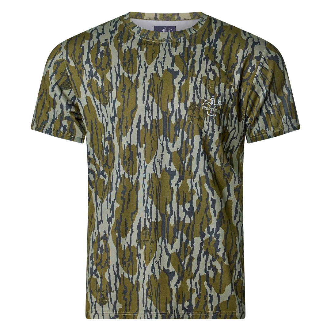 Sportsman Gear bamboo pocket T-shirt in small size, breathable performance fabric with a front pocket for casual wear.