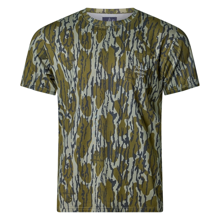 Sportsman Gear bamboo pocket T-shirt in small size, breathable performance fabric with a front pocket for casual wear.