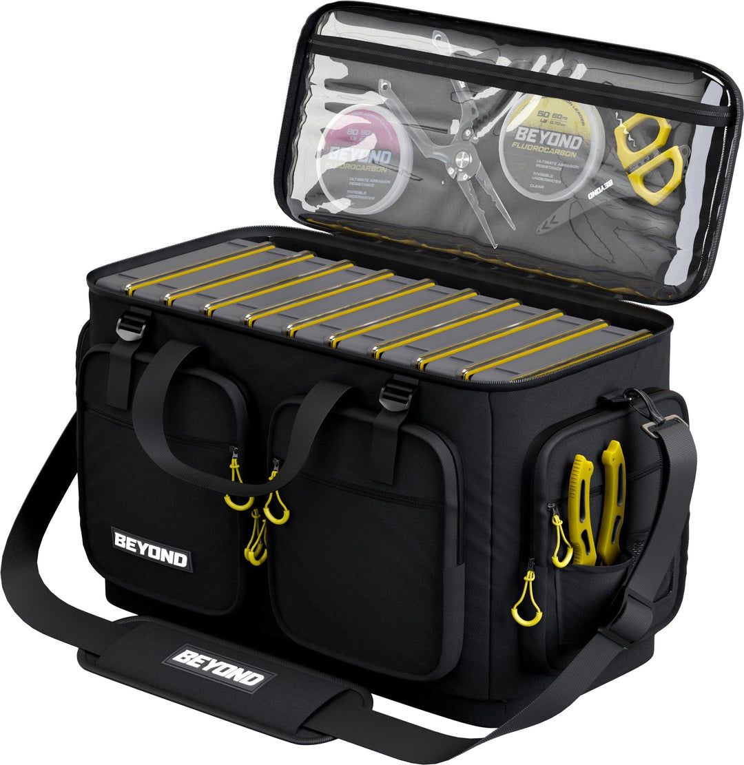 Large Beyond Fishing Hauler Tackle Bag by Beyond Braid, with multiple compartments and durable material for fishing gear storage.