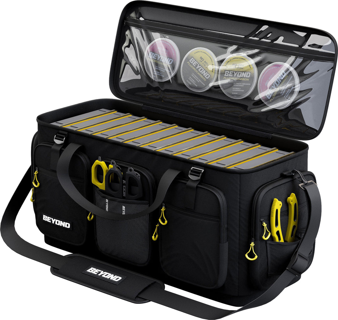 Beyond Braid XL fishing tackle bag with multiple compartments, durable design, and sturdy handle for organized fishing gear storage.