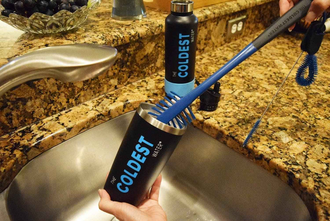 Coldest Water Bottle Brush with three cleaning tools in one, designed for thorough cleaning of water bottles.