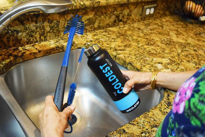 Coldest water bottle brush with three cleaning tools in one, featuring a long handle and flexible brushes for thorough cleaning.