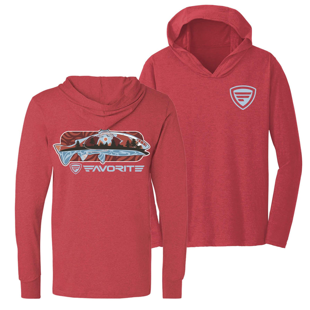 Favorite Fishing Simmer Tri-Blend Hoodie, back view showing trout graphic and comfortable apparel design.