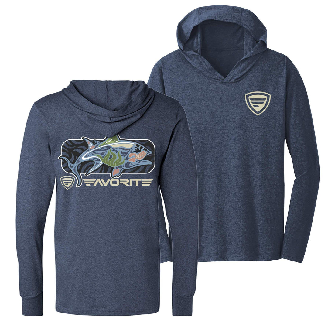 Favorite Fishing Simmer Tri-Blend Hoodie showing the back with a large tuna graphic on the apparel.