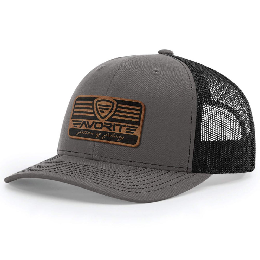 Favorite Fishing Franchise Leather Patch Hat in charcoal with adjustable strap, casual apparel accessory for outdoor and fishing activities.
