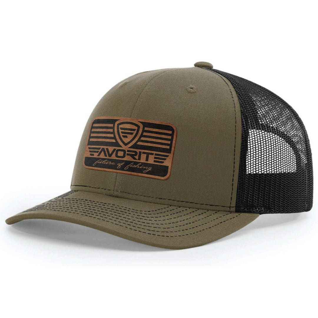 Favorite Fishing Franchise Leather Patch Hat in vaquero loden, casual apparel with a leather patch and adjustable strap.